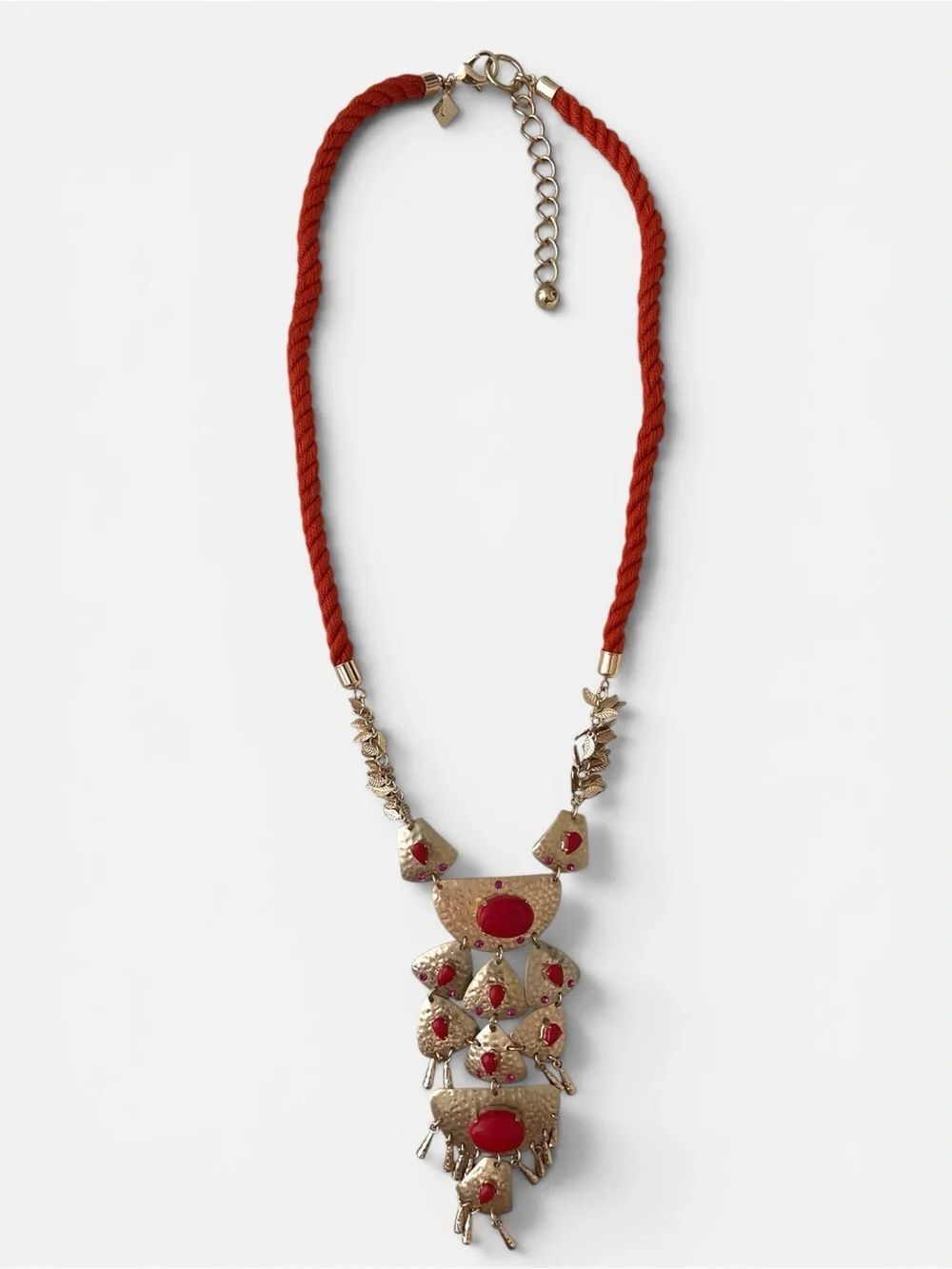 Sequin Gold Tone Tribal Style Red Stone Orange Cord Statement Drop Necklace